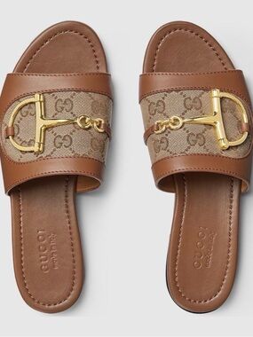 Gucci Brown GG Canvas & Leather Horsebit Slide Sandals
